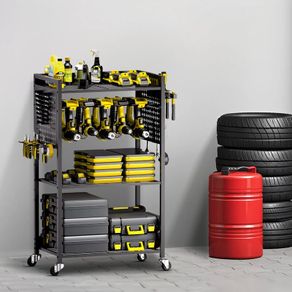 4 tier Tool Organizer Cart 150 lbs Load Capacity Floor Stand Rolling Drill Holder and Stability Storage Rack, Heavy Duty Garage Floor Rolling Storage Cart for Workshop, Garage
