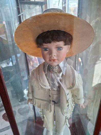Collector's Porcelain Doll, In A very Large Mahogany Display Case, PRICE IS FOR 1 ONLY these came from a Pub contents,