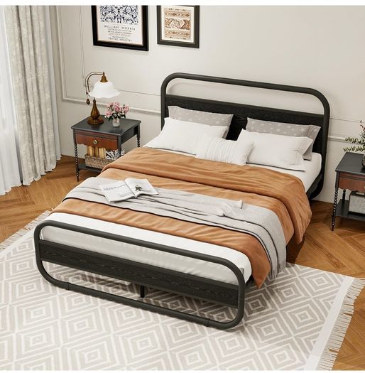 King Size Bed Frame Metal Platform Bed Frame with Wood Headboard