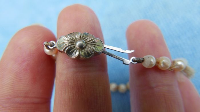 Vintage 60's Long Hand Knotted Faux Cream Pearl? Necklace Sterling Silver 925 Clasp