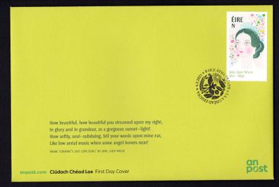 2021 Ireland The 200th Anniversary of the Birth of Lady Jane Wilde, 1821-1896 Commemorative Stamp An Post First Day Cover (FDC)