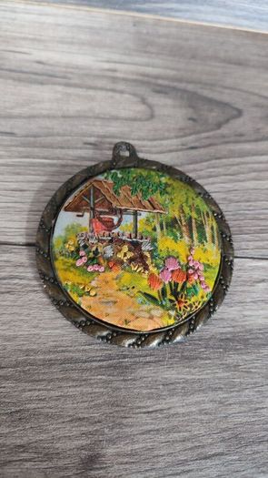 X3 vintage framed creative circle CrossStitch Embroided pictures wishing well, mill and fishing harbour