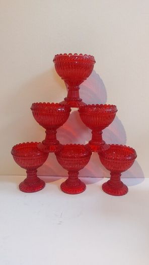 Fabulous Vintage Retro Set of Six Matching Red Sundae Glasses with a Relief Pattern Very Similar to the Very Popular Iittala Marimekko Maribowl Glasses in Cranberry - Perfect for Halloween
