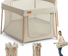 Baby Playpen All Stars Joy Award Winning Foldable  Large, Portable Play Pen for Babies & Toddlers, Breathable Mesh & Fitted Mat, Easy to Set Up, Includes Travel Bag  Taupe (6 to 36 Months)