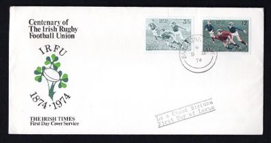 1974 Ireland Centenary of Irish Rugby Football Union Commemorative Stamps Irish Times Addressed First Day Cover (FDC)