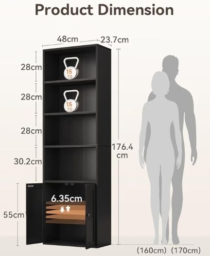 6-Tier Bookcase with Doors and Cabinet, Bookshelf Floor Standing Display Storage Shelf, Bookcases for Home, Office, Living Room, Bedroom, Black, 48 x 24 x 176.4
