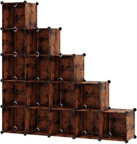 16 cube shelf system, shoe shelf, DIY cube shelf, stackable, plug-in shelf made of PP plastic, cloakroom, room divider, for bedroom, office, vintage brown