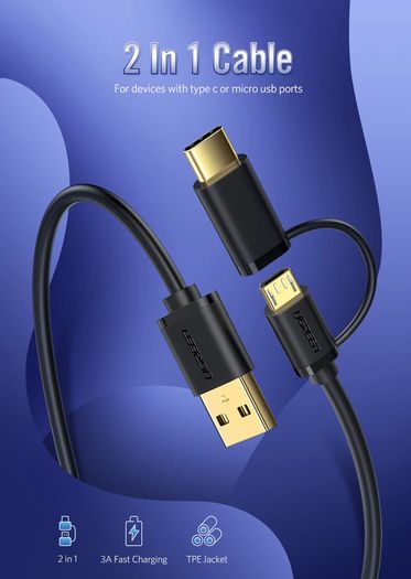 Ugreen 1M 2-in-1 (USB-C & Micro USB) QC 3.0 Fast Charger & Data Sync Gold Plated Cable (Brand New/Warranty)