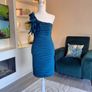 Pink Boom Paris Teal One-shoulder Dress with a Draped Flower Detail Image 7