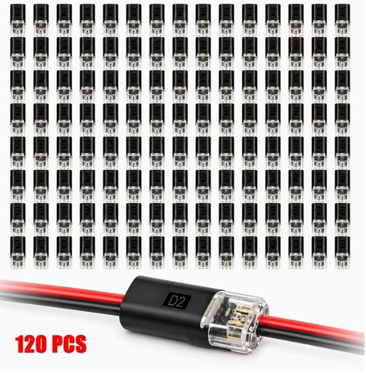 120pcs Double Wire Plug-In Connectors, 2-Pin Low Voltage Quick Connectors with Locking Buckle, No-Stripping Connectors for 18-22 AWG LED Strip, Speaker Wire, Wiring