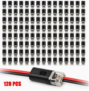 120pcs Double Wire Plug-In Connectors, 2-Pin Low Voltage Quick Connectors with Locking Buckle, No-Stripping Connectors for 18-22 AWG LED Strip, Speaker Wire, Wiring