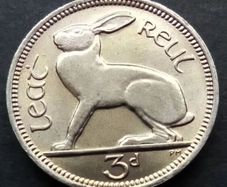 [#557..] - Ireland 1968 | Irish 3d | Three Pence | Hare | KM.12a | UNC