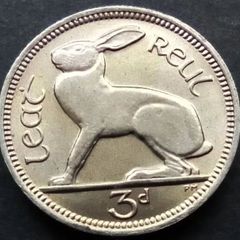 [#557..] - Ireland 1968 | Irish 3d | Three Pence | Hare | KM.12a | UNC
