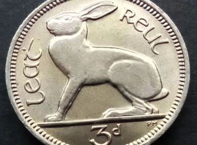 [#557..] - Ireland 1968 | Irish 3d | Three Pence | Hare | KM.12a | UNC