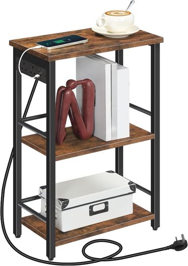 Narrow Side Table with Charging Station, 3-Tier End Table for Small Spaces, Sofa Table with Storage Shelf, for Living Room, Foyer, Bedroom, Office, Rustic Brown and Black