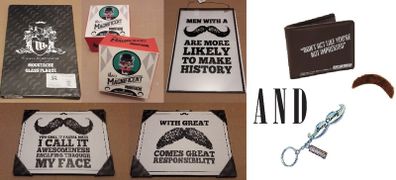 Moustache Themed Gift Collection including Anchorman Wallet & Bottle Opener Keychain with Pub Coasters & Plaques (All Brand New)