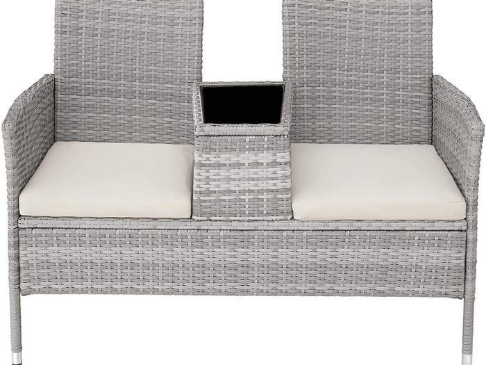 Polyrattan Garden Bench with Table, 2-Seater, for Garden, Balcony and Patio, Plastic Feet, Garden Bench with Seat Cushion, Grey