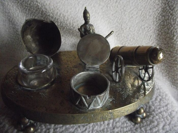 Victorian Brass Inkwell Desk Set - Military Theme - Lozenge Mark 13th January 1883
