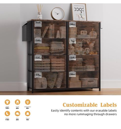 Fabric Chest of Drawers - Canvas Storage Unit with 8 Large Drawers Label Cards, Side Pocket & Hook for Living Room, Hallway, Bedroom