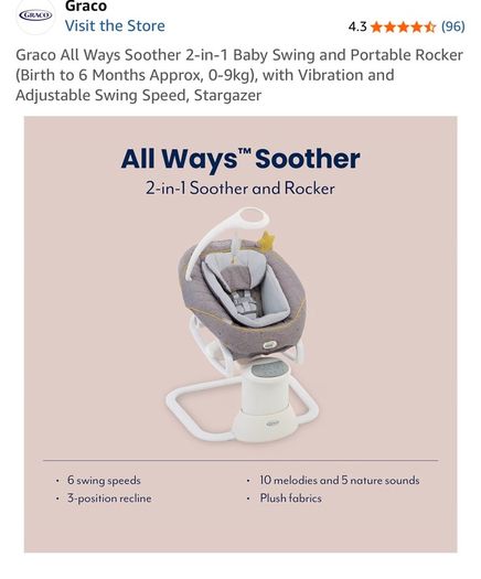 Graco All Ways Soother 2-in-1 Baby Swing and Portable Rocker (Birth to 6 Months Approx, 0-9kgwith Vibration and Adjustable Swing Speed, Stargazer