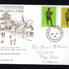 1974 Ireland Bi-Centenary of the Death of Oliver Goldsmith Commemorative Stamps First Day Cover (FDC) with Loch Gorman (Wexford) cancel