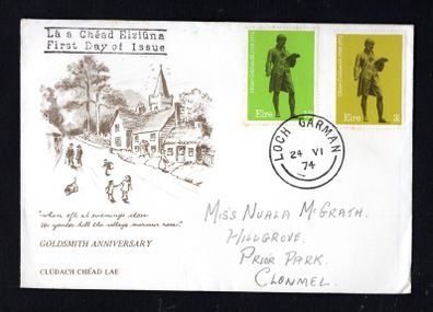 1974 Ireland Bi-Centenary of the Death of Oliver Goldsmith Commemorative Stamps First Day Cover (FDC) with Loch Gorman (Wexford) cancel