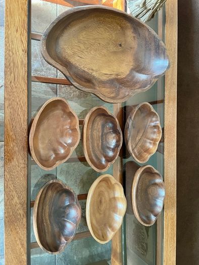 Vintage Carved Acacia Wood Shell Bowl Set 7 Pc Serving Salad Snack Nesting