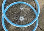 Sky Blue Bicycle Wheelset - Fixie/Singlespeed/FixedGear/Track Bike (FlipFlop Rear Hub) Sealed Bearings - Massive Discount Sale due to Cosmetic Flaws - Light Blue Rims with Silver Spokes and Hubs