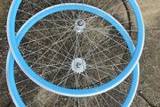 Sky Blue Bicycle Wheelset - Fixie/Singlespeed/FixedGear/Track Bike (FlipFlop Rear Hub) Sealed Bearings - Massive Discount Sale due to Cosmetic Flaws - Light Blue Rims with Silver Spokes and Hubs