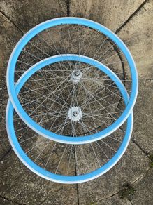 Sky Blue Bicycle Wheelset - Fixie/Singlespeed/FixedGear/Track Bike (FlipFlop Rear Hub) Sealed Bearings - Massive Discount Sale due to Cosmetic Flaws - Light Blue Rims with Silver Spokes and Hubs