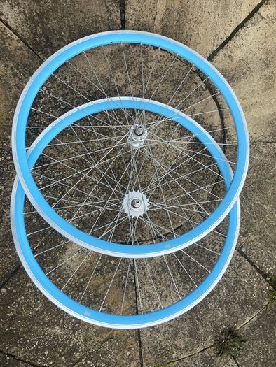 Sky Blue Bicycle Wheelset - Fixie/Singlespeed/FixedGear/Track Bike (FlipFlop Rear Hub) Sealed Bearings - Massive Discount Sale due to Cosmetic Flaws - Light Blue Rims with Silver Spokes and Hubs