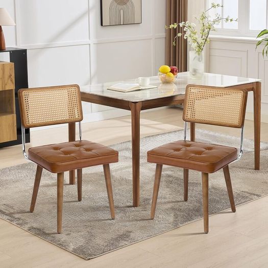 Dining Room Chairs, Set of 2, Upholstered Chairs with Faux Leather Seat, Breathable Rattan Backrest, Adjustable Feet and Sturdy Solid Wood Legs, Kitchen Chairs up to 150 kg, for Dining Room, Living