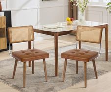 Dining Room Chairs, Set of 2, Upholstered Chairs with Faux Leather Seat, Breathable Rattan Backrest, Adjustable Feet and Sturdy Solid Wood Legs, Kitchen Chairs up to 150 kg, for Dining Room, Living
