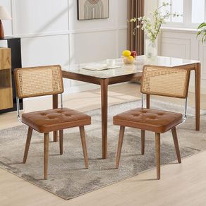 Dining Room Chairs, Set of 2, Upholstered Chairs with Faux Leather Seat, Breathable Rattan Backrest, Adjustable Feet and Sturdy Solid Wood Legs, Kitchen Chairs up to 150 kg, for Dining Room, Living