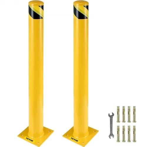 Safety Bollard, 42 Inch Height Bollard Post, 5.5 Inch Diameter Steel Pipe Safety Bollard Post, Yellow Steel Bollard, Steel Safety Bollard with 8 Anchor Bolts,