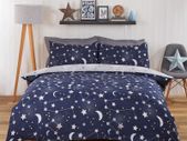 Moon Stars Galaxy Duvet Cover with Pillowcase Reversible Night Sky Bedding Set, Navy Blue Grey - Single