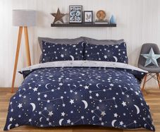 Moon Stars Galaxy Duvet Cover with Pillowcase Reversible Night Sky Bedding Set, Navy Blue Grey - Single
