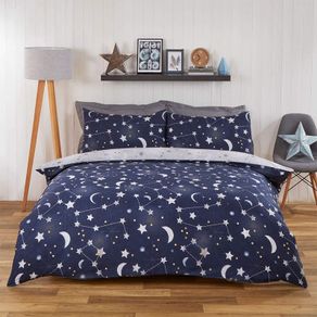 Moon Stars Galaxy Duvet Cover with Pillowcase Reversible Night Sky Bedding Set, Navy Blue Grey - Single