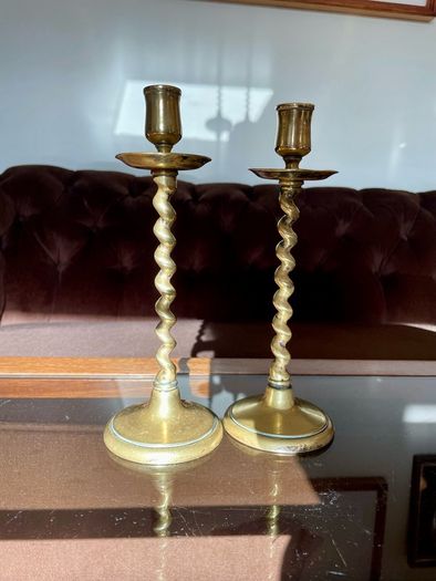Vintage Brass Single Barley Twist Candlesticks Pair Spiral Candle Holders