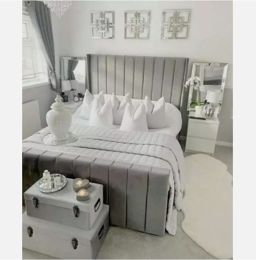 Ottoman Winged Panel Plush Velvet Upholstered Bed Frame Double & King Size Bed
