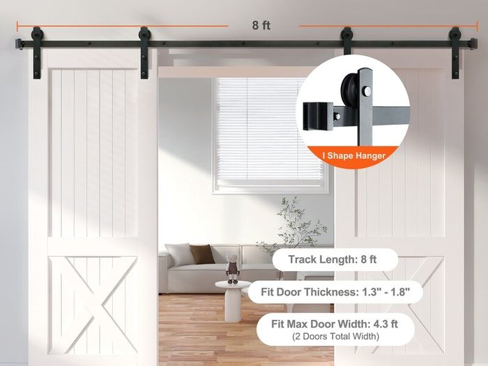 8FT Double Sliding Barn Door Hardware Kit, 330LBS Heavy Duty Barn Door Track Kit for Double Doors, Fit 3.7-4.3FT Total Wide and 1.3"-1.8" Thick 2 Door Panel, with Smooth &