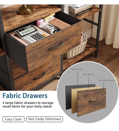 4-Tier Bookcase with Drawers, 100cm Wide Rustic Brown Shelving Unit 142cm Height, 10 Open Shelves + 3 Fabric Drawers, Industrial Rustic, For Living/Bedroom/Home Office, Large Storage