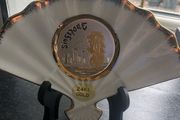 Chokin White Fan Shaped Dish Art of Chokin 24k Gold Edged Made in Japan