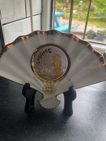 Chokin White Fan Shaped Dish Art of Chokin 24k Gold Edged Made in Japan
