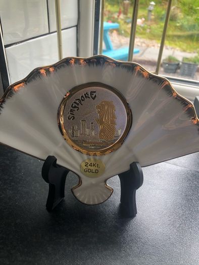 Chokin White Fan Shaped Dish Art of Chokin 24k Gold Edged Made in Japan