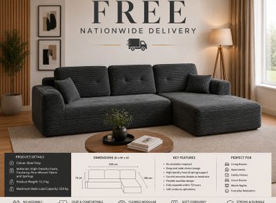 Modular Corner Sofa with Chaise Longue Slate Grey Corduroy No Assembly Required