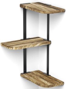 Corner Shelf, 3 Tiers Rustic Wood Floating Shelves for Bedroom, Living Room, Bathroom, Kitchen and Office etc, Carbonized Black