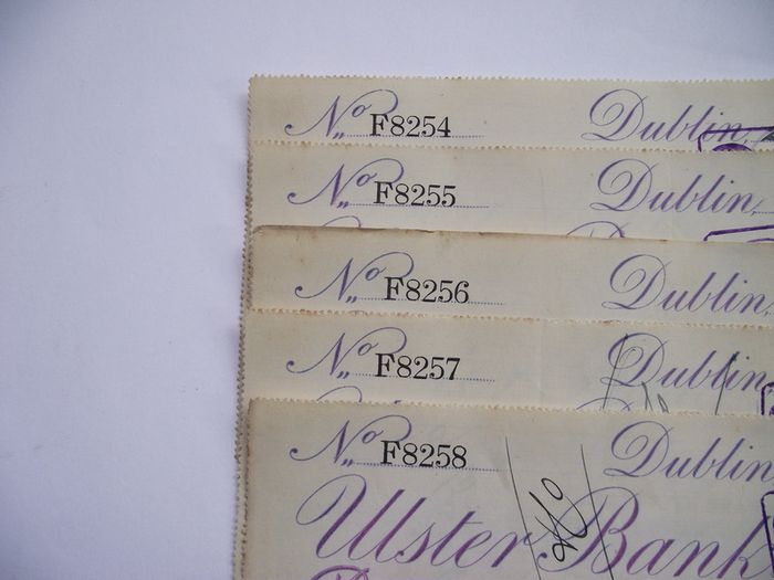 5 Vintage Cheques from Ulster Bank with Consecutive numbers (1892)