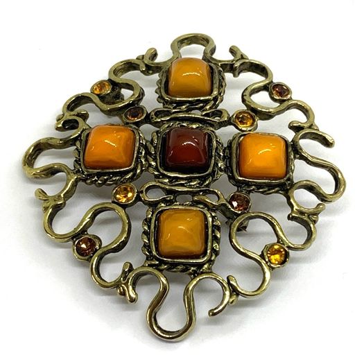 Rare Vintage Gold Tone Amber Brooch
