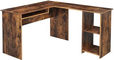 _Corner, L-Shaped Computer Table, with 2 Tier Storage Shelf, Keyboard Stand, for Desk, 140 x 120 x 75 cm, Rustic Brown